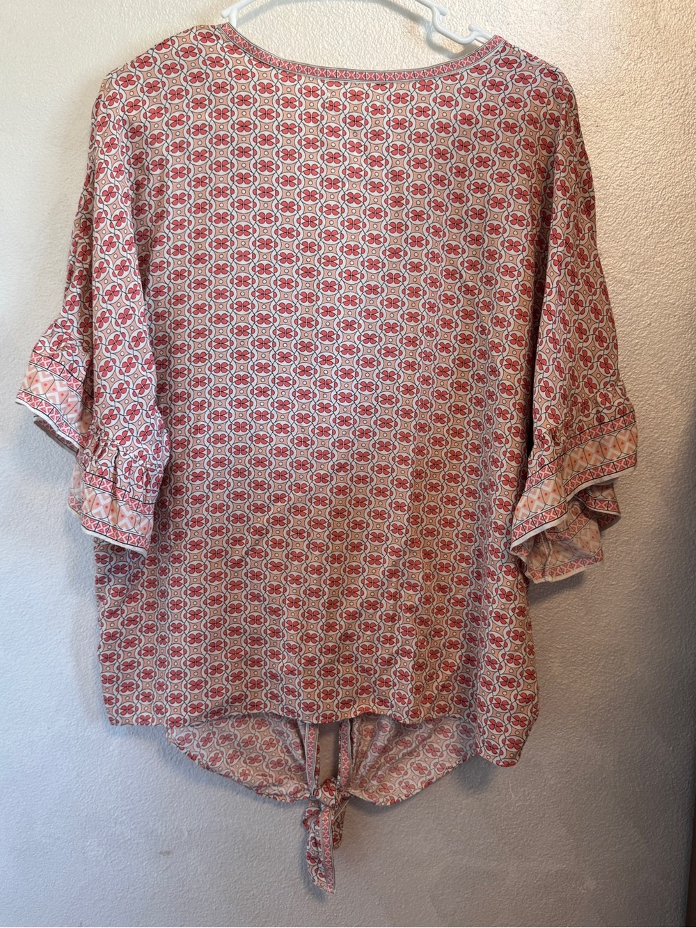 Max Studio Pink and White Printed Tie-Front V-Neck Blouse - Picture 2 of 4